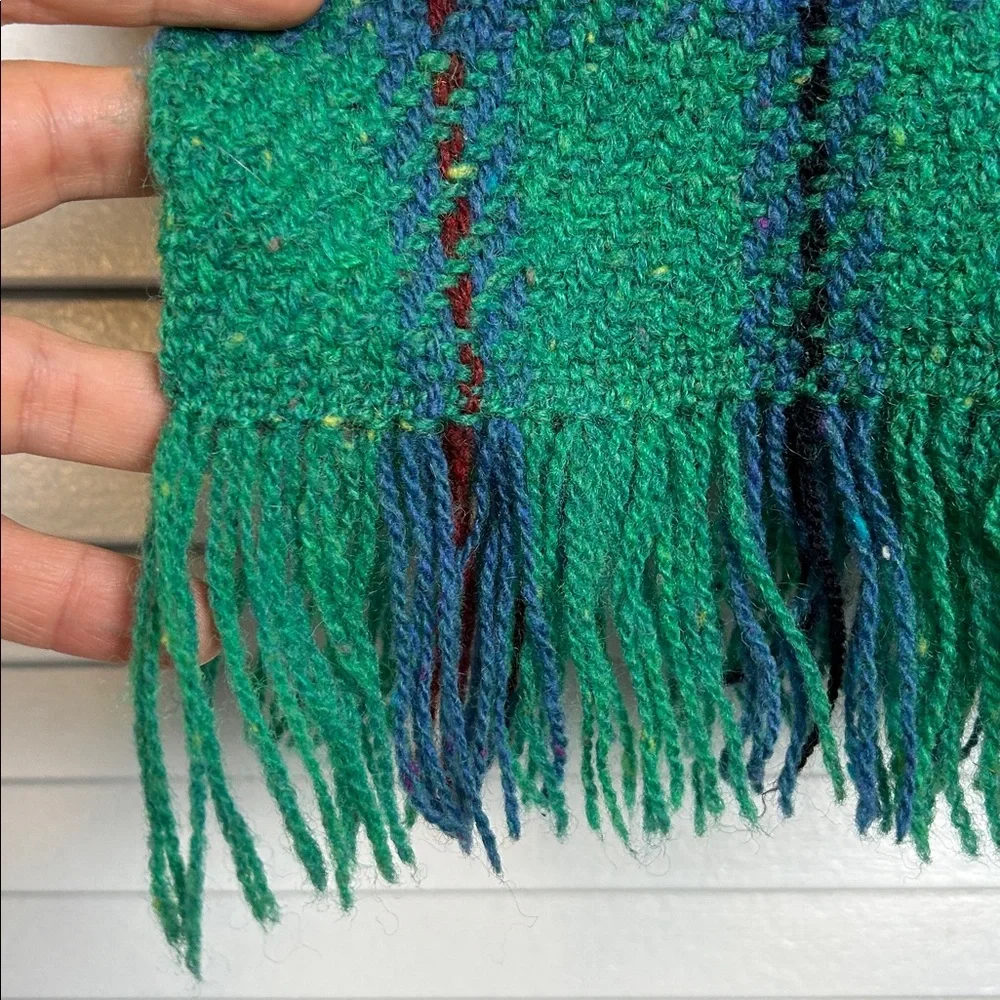 Green blue burgundy Plaid Wool blend plaid tartan vintage fringe scarf